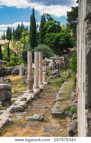 Altar Of Chiots And Temple Of Apollo In Archaeological Site Of Delphi, Greece