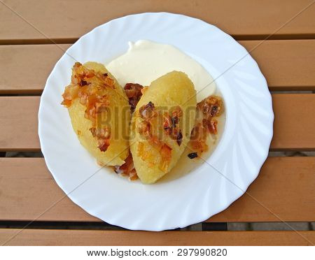 Potato Zrazas Lie On A Plate. Traditional Lithuanian Dish