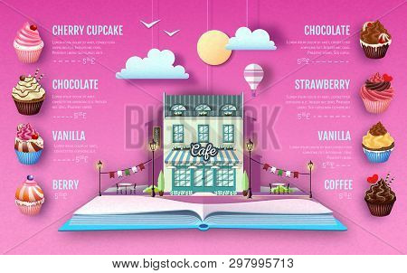Dessert Cupcake Menu Design. Cut Out Paper Art Style Design. Origami