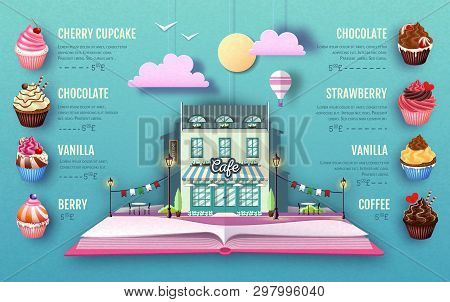 Dessert Cupcake Menu Design. Cut Out Paper Art Style Design. Origami