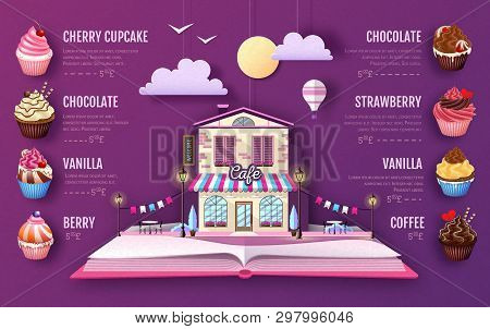 Dessert Cupcake Menu Design. Cut Out Paper Art Style Design. Origami