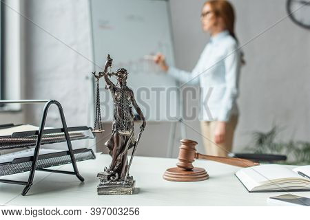 Figurine With Gavel And Wooden Block On Table With Blurred Female Lawyer Standing Near Flipchart On 