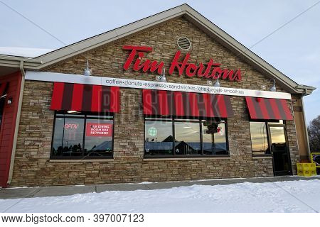 Edmonton, Alberta, Canada - November 22nd, 2020: A Closeup View Of A Tim Hortons Restaurant Surround