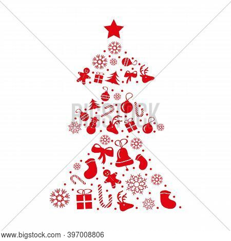 Christmas Card Design In Red Color. Vector. New Year Greetings And Christmas Elements And Symbols Fo