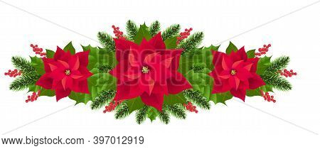 Red Poinsettia Isolated Garland With Fir Tree White Background With Gradient Mesh, Vector Illustrati
