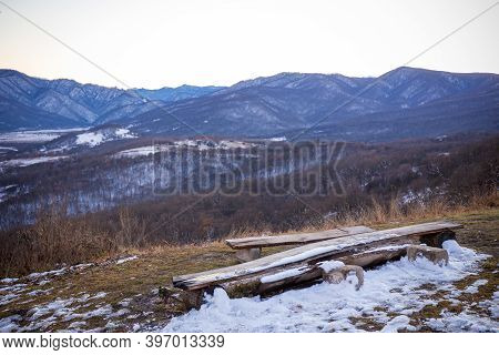 Beautiful Mountain Landscape With Forest At Caucasus Mountains.