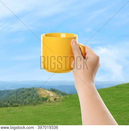 Closeness To Nature. Woman Holding Cup In Mountains, Closeup