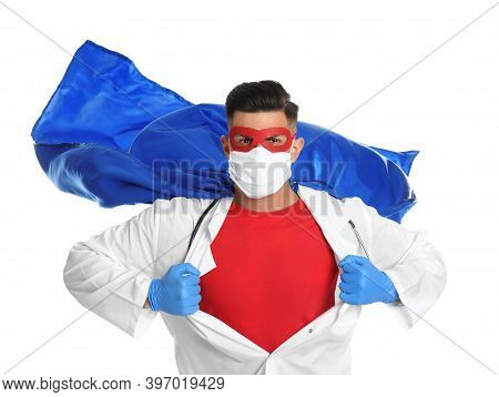 Doctor Wearing Face Mask And Cape On White Background. Super Hero Power For Medicine