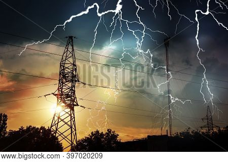Picturesque Lightning Storm Over High Voltage Towers