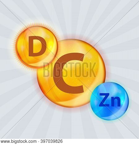Vitamin C, D, Zn Complex. Vector Illustration
