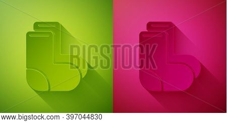Paper Cut Valenki Icon Isolated On Green And Pink Background. National Russian Winter Footwear. Trad