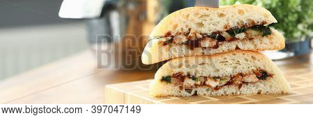 On Board Lies Sandwich With Meat And Vegetables. Choose And Combine Products Correctly. Organize Min