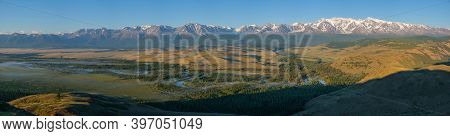 Summer Morning In The Chuy Valley, Snow-capped Peaks Of Mountains, Fog Over The River. Dawn In The M