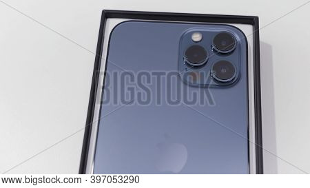 London, England - 11.23.2020: Close Up Of Lidar Sensor And Triple Cameras On New Iphone 12 Pro Max. 