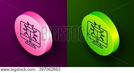 Isometric Line System Bug On Monitor Icon Isolated On Purple And Green Background. Code Bug Concept.