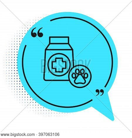 Black Line Bag Of Food For Dog Icon Isolated On White Background. Dog Or Cat Paw Print. Food For Ani