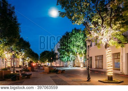 Brest, Belarus - June 6, 2017: Old Architecture On Pedestrian Sovietskaya Street In Evening Night Il