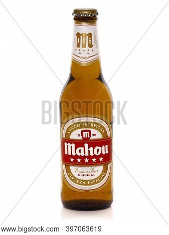 Bucharest, Romania - March 14, 2016. Bottle Of Mahou Beer Isolated On White
