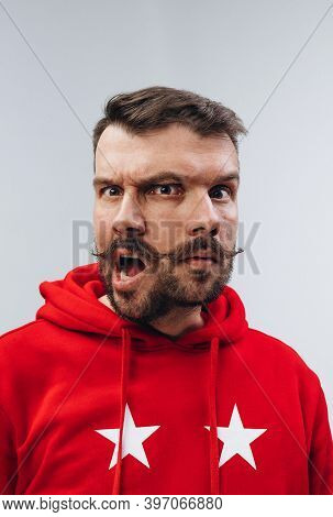 Calm And Crazy. Young Man With Dual Emotions Combination On Face Isolated On White Background, Emoti