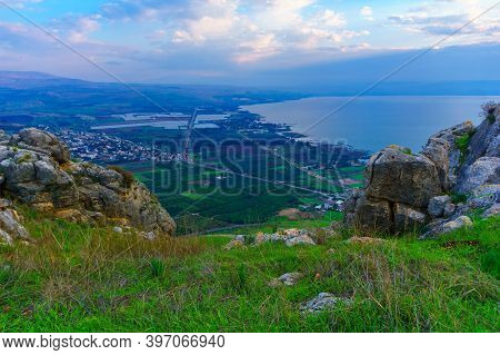 Morning View Of The North Part Of The Sea Of Galilee, And The Village Migdal, From Mount Arbel. Nort