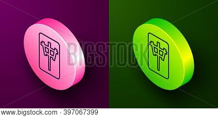 Isometric Line Mahjong Pieces Icon Isolated On Purple And Green Background. Chinese Mahjong Red Drag