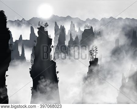 Tianzi Mountains Or Avatar Mountains In The Zhangjiajie Forest Park Covered With Fog With Sun Shinin
