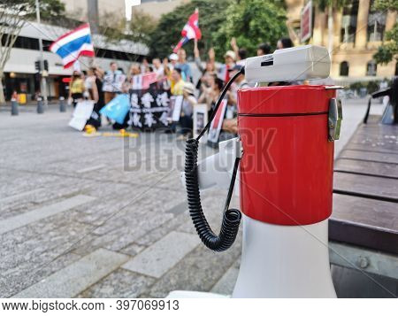 Brisbane, Australia - November 29, 2020: Group Of Protestors Peacefully Rally At King George Square,