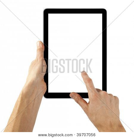 ordinateur tablette isolé dans un coup de main sur les fonds blancs.  comme ipade pc