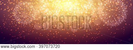 Festive Fireworks. Colorful Firework On Blue Background. Multicolored Explosion. Christmas Or New Ye