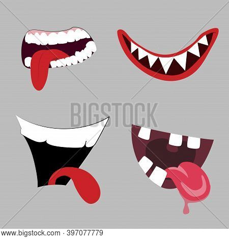 Cartoon Monster Mouth Collection, Teeth And Tongue. Vector Funny Halloween Scary Grimace, Collection