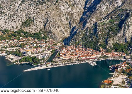 Bay Of Kotor And Boko-kotorsky Bay From The Height Of Vrmac. View Of Kotor. Mountains And Bay In Mon