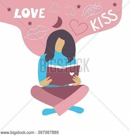 Woman Reading Romance Novel. Vector Flat Illustration