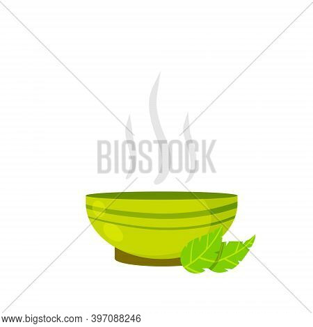 Green Tea Cup. Brown Earthenware. Piala Bowl. National Ethnic Oriental Drink. Flat Cartoon Illustrat
