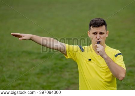 Referee Indicates A Violation Of The Rules. Concept Of Sport, Rules Violation, Controversial Issues,