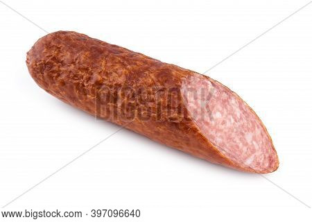 Salami Smoked Sausage Piece Isolated On White Background. Salami, Salami Smoked Sausage. Smoked Meat