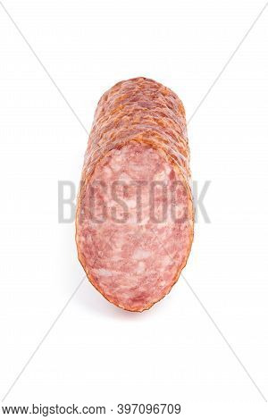 Salami Smoked Sausage Piece Isolated On White Background. Salami, Salami Smoked Sausage. Smoked Meat