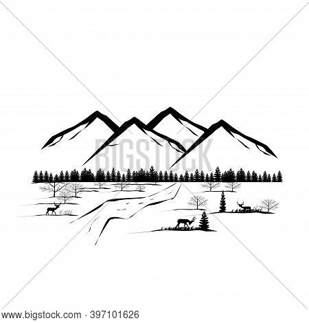 Landscape Mountain With Deer And The Forest Silhouette Illustration