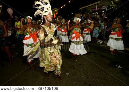 Ilheus, Bahia, Brazil - February 21, 2012: Members Of The Afro Guerreiro De Zulu Block Are Seen Duri