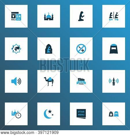 Ramadan Icons Colored Set With Adhaan, Hajj, People And Other Travel Elements. Isolated Illustration
