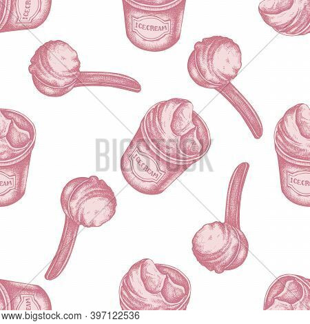 Seamless Pattern With Hand Drawn Pastel Ice Cream Bucket, Ice Cream Scoop Stock Illustration