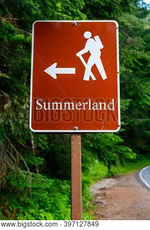 Summerland Trail Hiking Sign Along Road In Mount Rainier National Park
