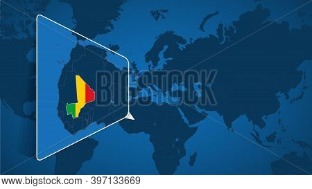 Location Of Mali On The World Map With Enlarged Map Of Mali With Flag. Geographical Vector Template 