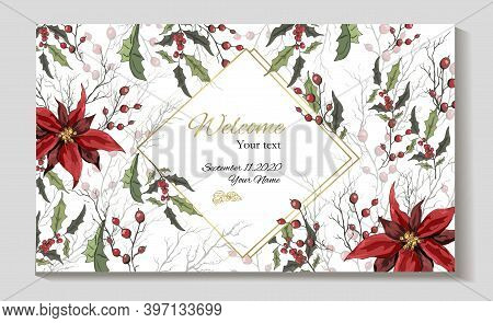 Banner Of Winter Flowers (poinsettia, White Mistletoe, Holly) Isolated On A White Background. Realis