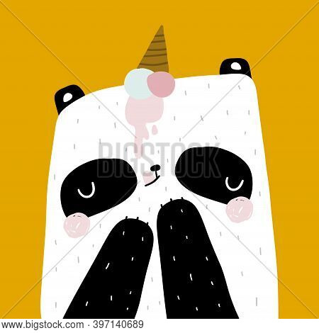 Cute Panda With Ice Cream On Head Illustration In Scandinavian Style. Perfect For Kids Apparel, Post