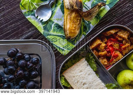 Healthy Vegan Meal In Eco-friendly Kitchen Tableware: Stainless Metal Food Container Or Lunch Box, B
