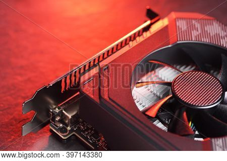 Computer Gaming Gpu Graphic Card With Fan Close-up Macro Shot.