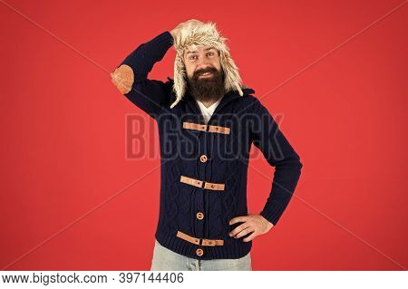 Winter Fashion. Cheerful Trendy Hipster. Beard Care In Cold Season. Brutal Man Earflap Hat. Fur Hat 