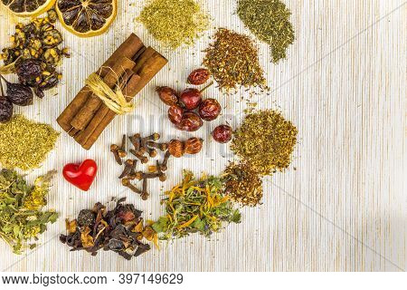 Green Tea, Black Tea, Fruit And Herbal Tea, Sencha, Ginger. Flat Lay. Food Concept. Herbal Tea Again