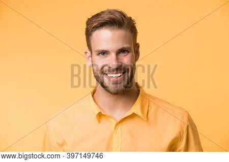 Brilliant Smile. Man Smiling Face Posing Confidently Yellow Background. Man Shop Consultant Looks Ch