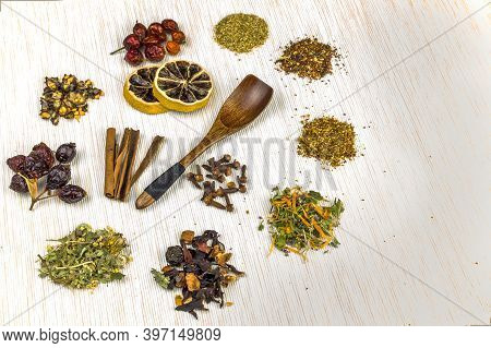 Green Tea, Black Tea, Fruit And Herbal Tea, Sencha, Ginger. Flat Lay. Food Concept. Herbal Tea Again